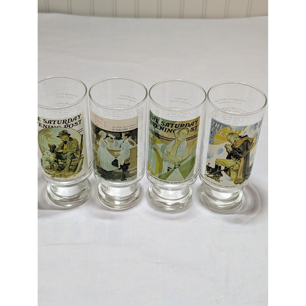 Vintage 1978 Saturday Evening Post Footed Glasses Set of 4 Norman Rockwell Art